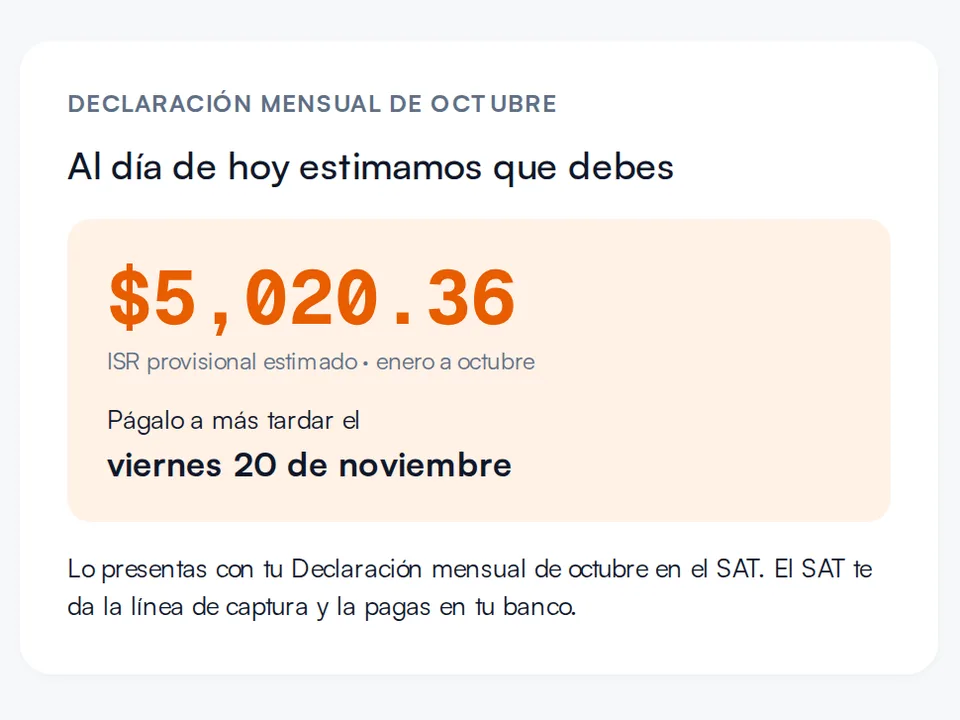 Pantalla de ISR de FackT: ISR provisional estimado de enero a octubre, fecha límite de pago, ISR pagado mes a mes y desglose del ISR del año